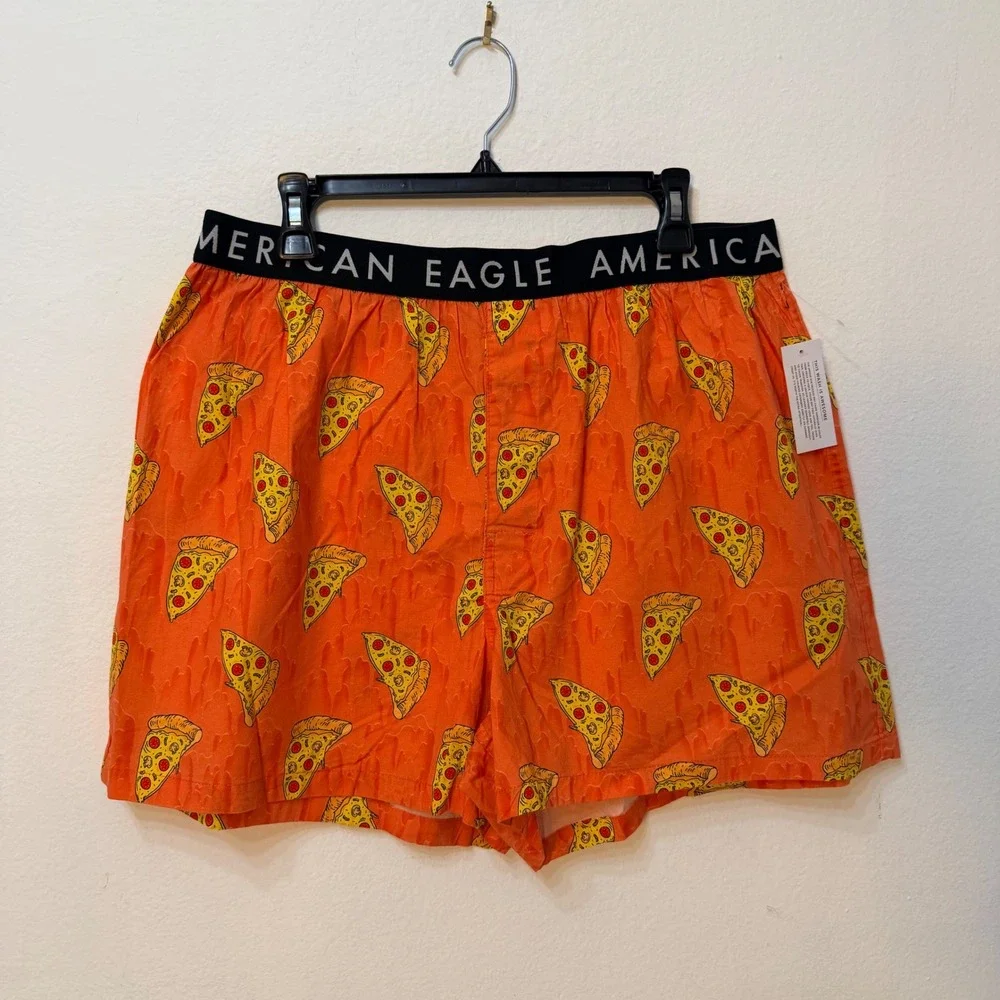 American Eagle Mens XL Pizza Print Boxer Shorts Orange Elastic Waistband NEW